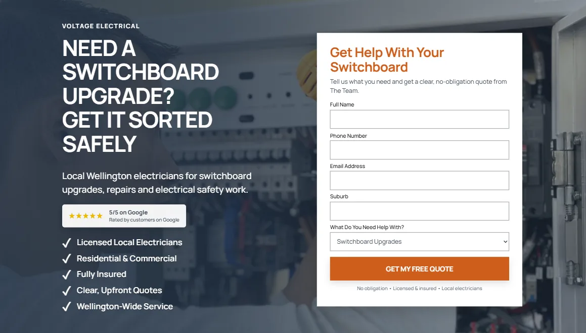Example electrician landing page for switchboard upgrades