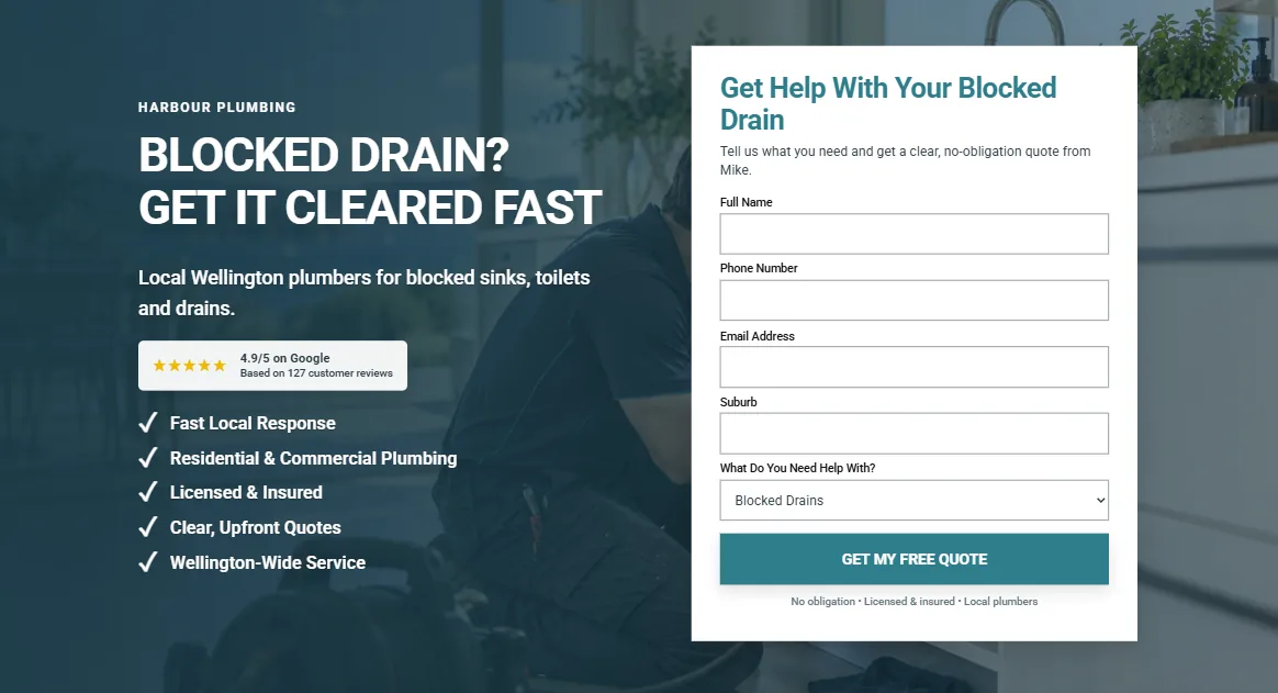 Example plumber landing page for blocked drains